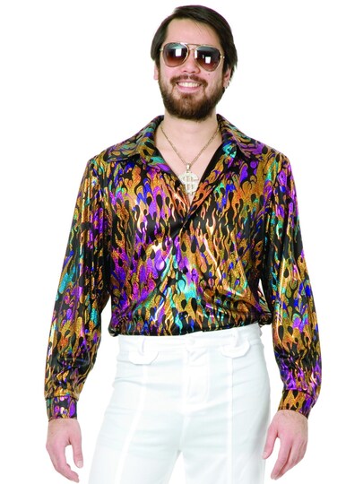 Mens Adult's 70s Metallic Super Hot Multi-Colored Vintage Flame Disco Shirt, Size: S | Michaels Mens Adult's 70s Metallic Super Hot Multi-Colored Vintage Flame Disco Shirt, Size: S | Michaels